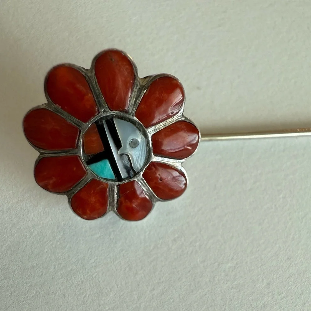 Vintage Zuni Sunface Inlay Flower Stick Pin Coral Turquoise MOP Native American - Picture 1 of 10